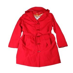 Vintage Drizzle Women's Red Hooded Belted Trench Coat Rain Jacket‎ Size 14R